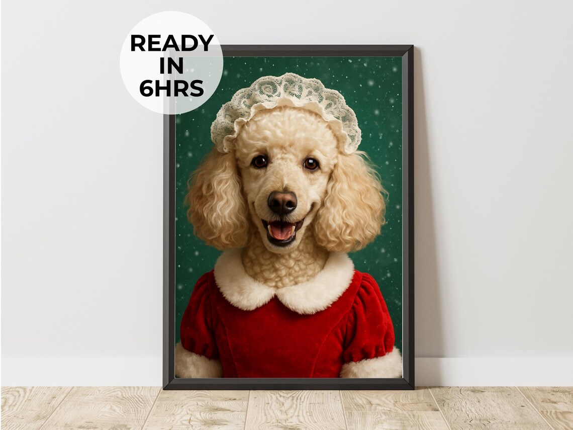 Poodle Mrs Claus Portrait Poster Funny Christmas Dog in Red Dress Gift