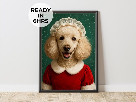 Poodle Mrs Claus Portrait Poster Funny Christmas Dog in Red Dress Gift