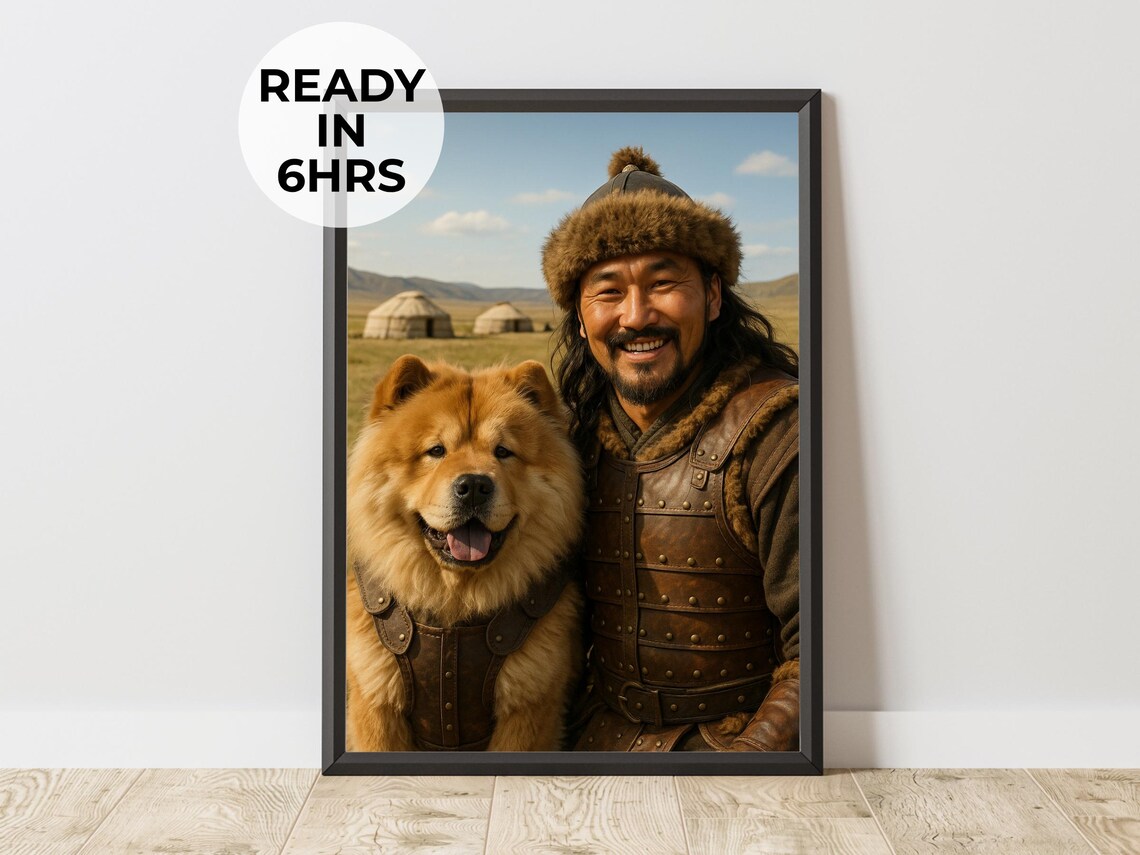 Custom Nomad Warrior Pet Owner Portrait Chow Chow Dog Couple Art Poster