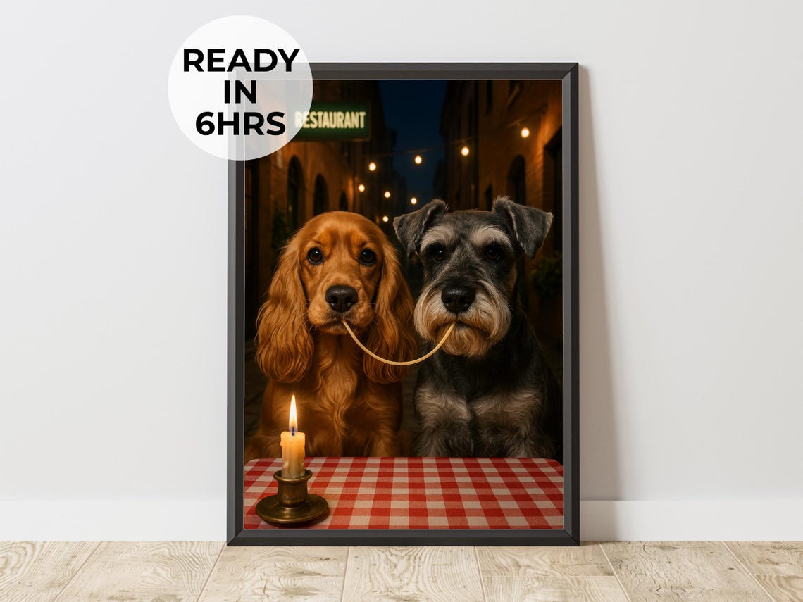 Custom Romantic Dinner Dog Portrait Two Dogs Spaghetti Scene Poster