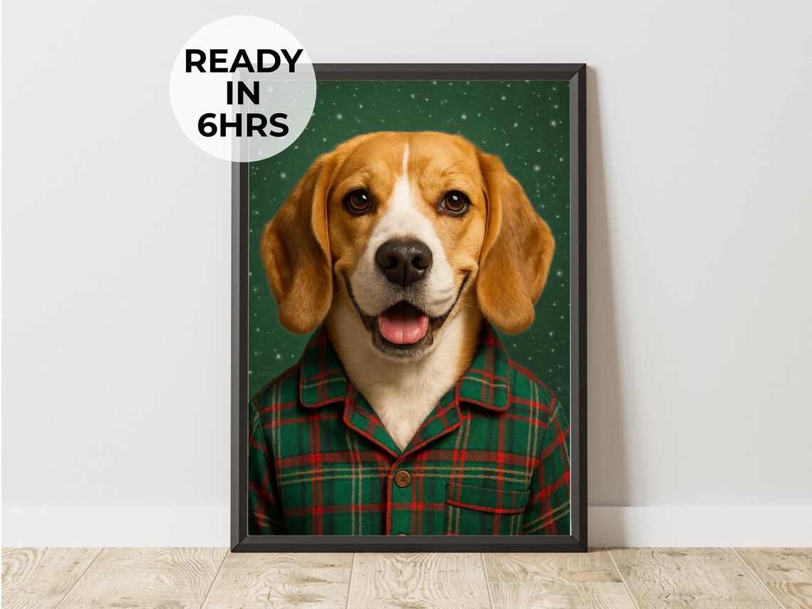 Beagle Plaid Pajama Portrait Poster Funny Christmas Dog in Flannel Gift