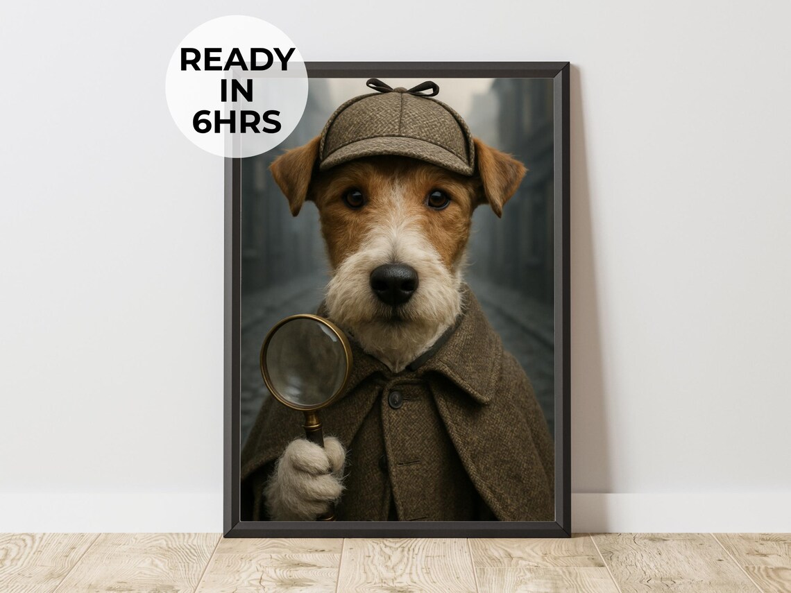 Detective Dog Sherlock Holmes Funny Pet Portrait Magnifying Glass Poster