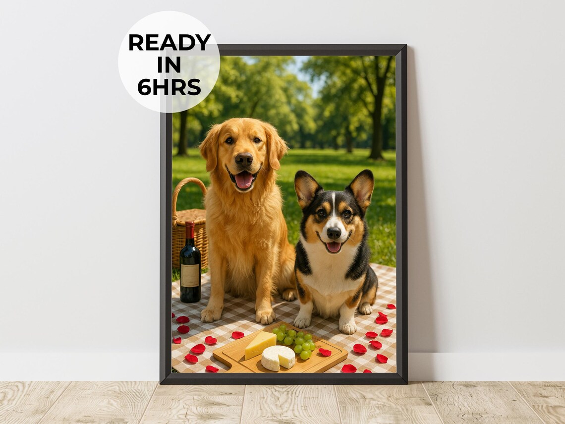 Custom Picnic Pet Portrait, Romantic Park Art Print