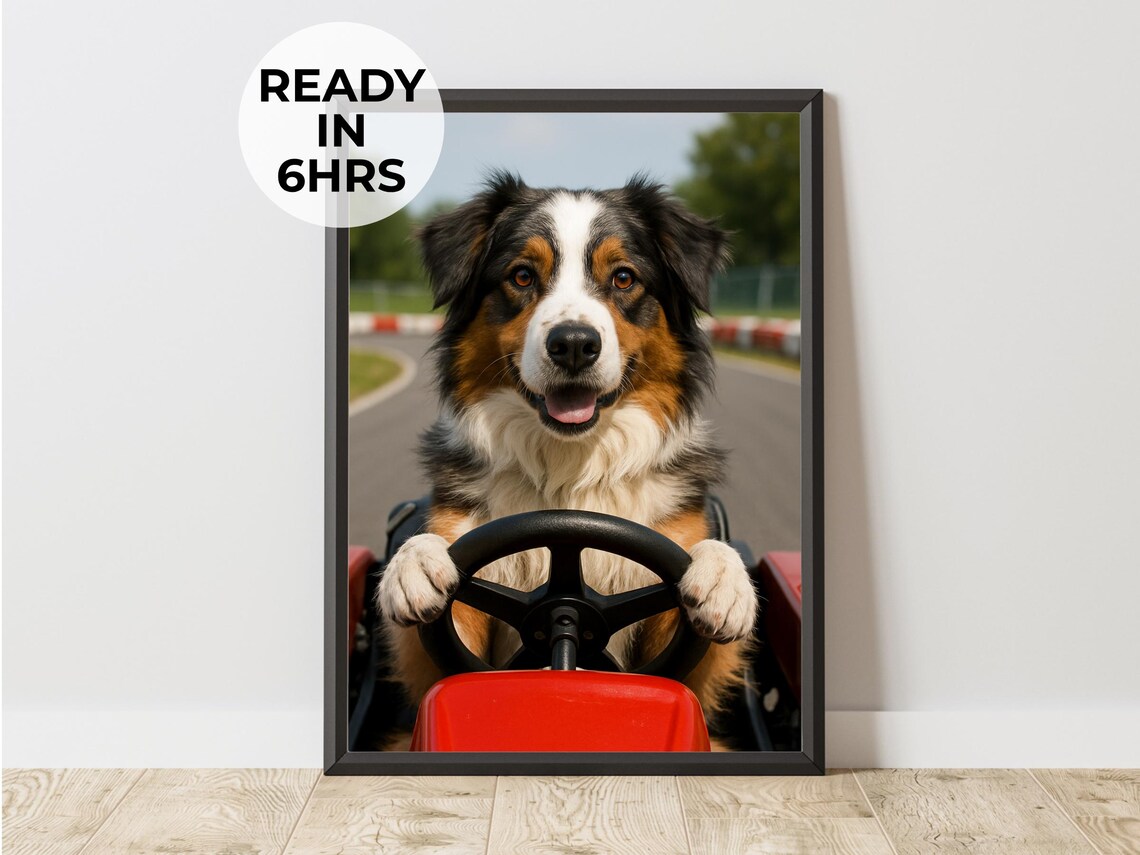 Custom Go Kart Pet Portrait Funny Racing Driver Personalized Dog Poster