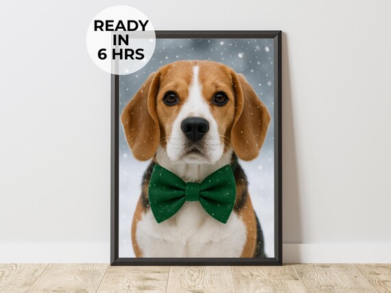 Winter Pet Portrait Bow Dog Art Print