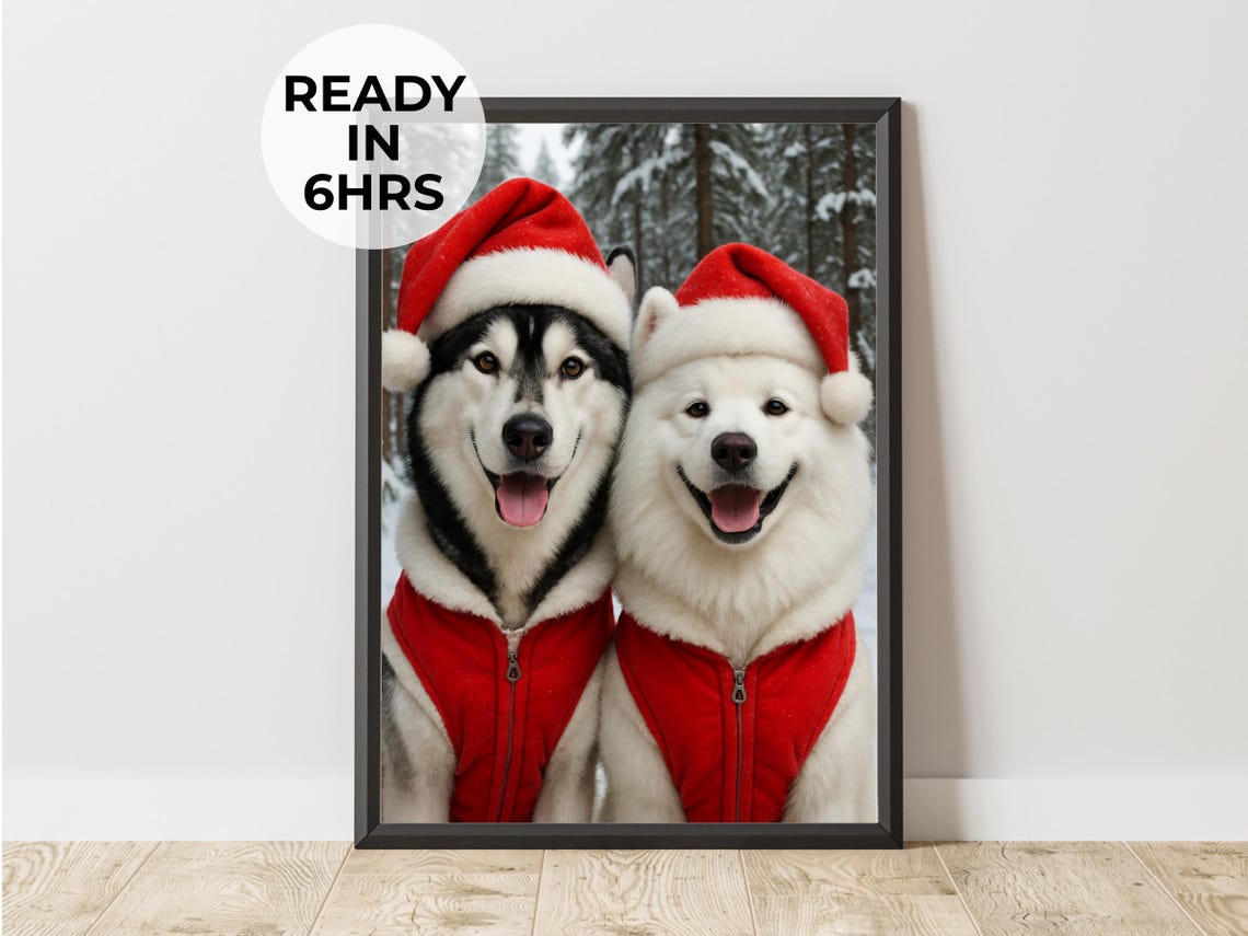 Husky and Samoyed in Santa Hats and Vests Christmas Duo Poster