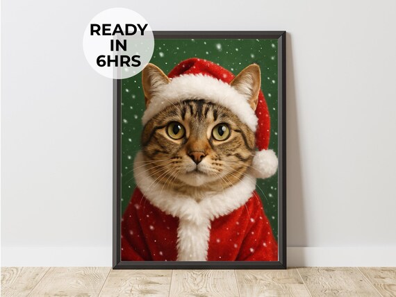 Custom Santa Cat Pet Portrait Tabby Kitten Christmas Holiday Poster