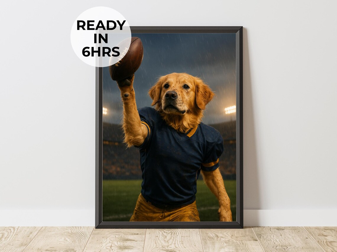 Golden Retriever Football Player Catching Ball Stadium Night Game Dog Poster
