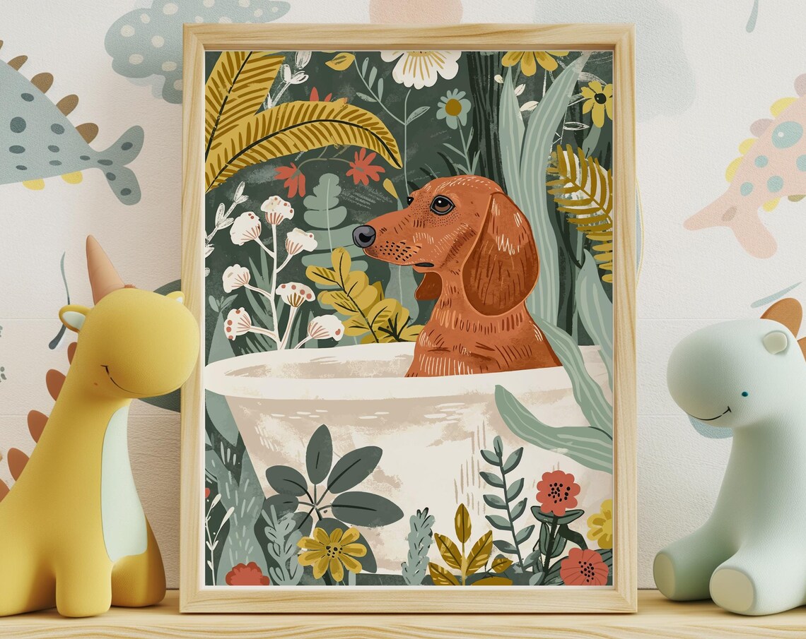 Red Dachshund in Bathtub Jungle Botanical Whimsical Dog Poster