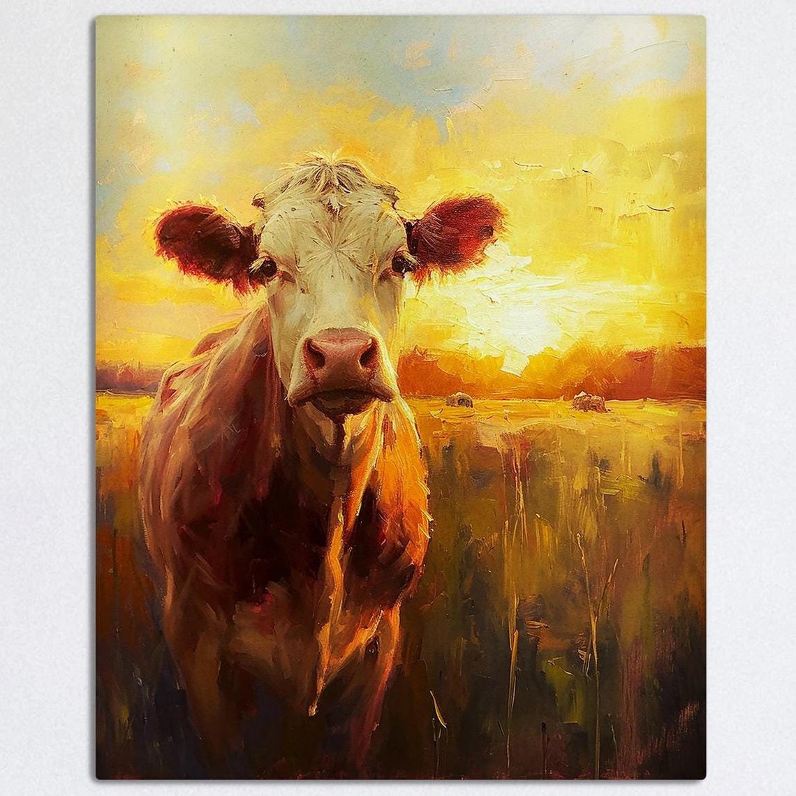 Impressionist Cow Portrait in a Sunlit Field at Golden Sunset Poster