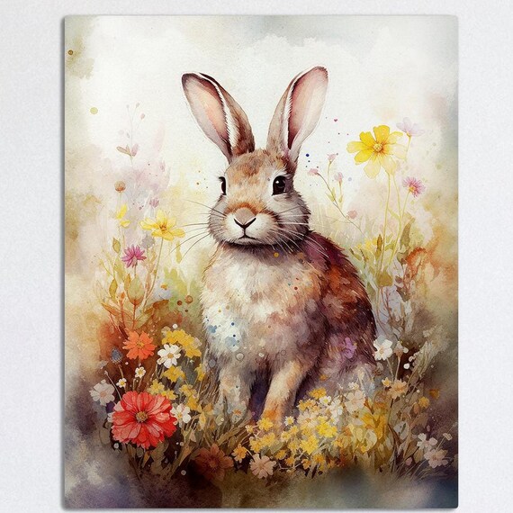 Delicate Watercolor Bunny Rabbit in a Meadow of Wildflowers Poster