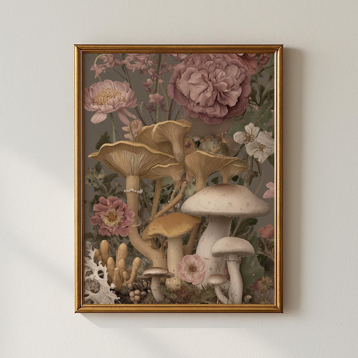 Vintage Mushroom Botanical Print with Wild Mushrooms and Pink Flowers