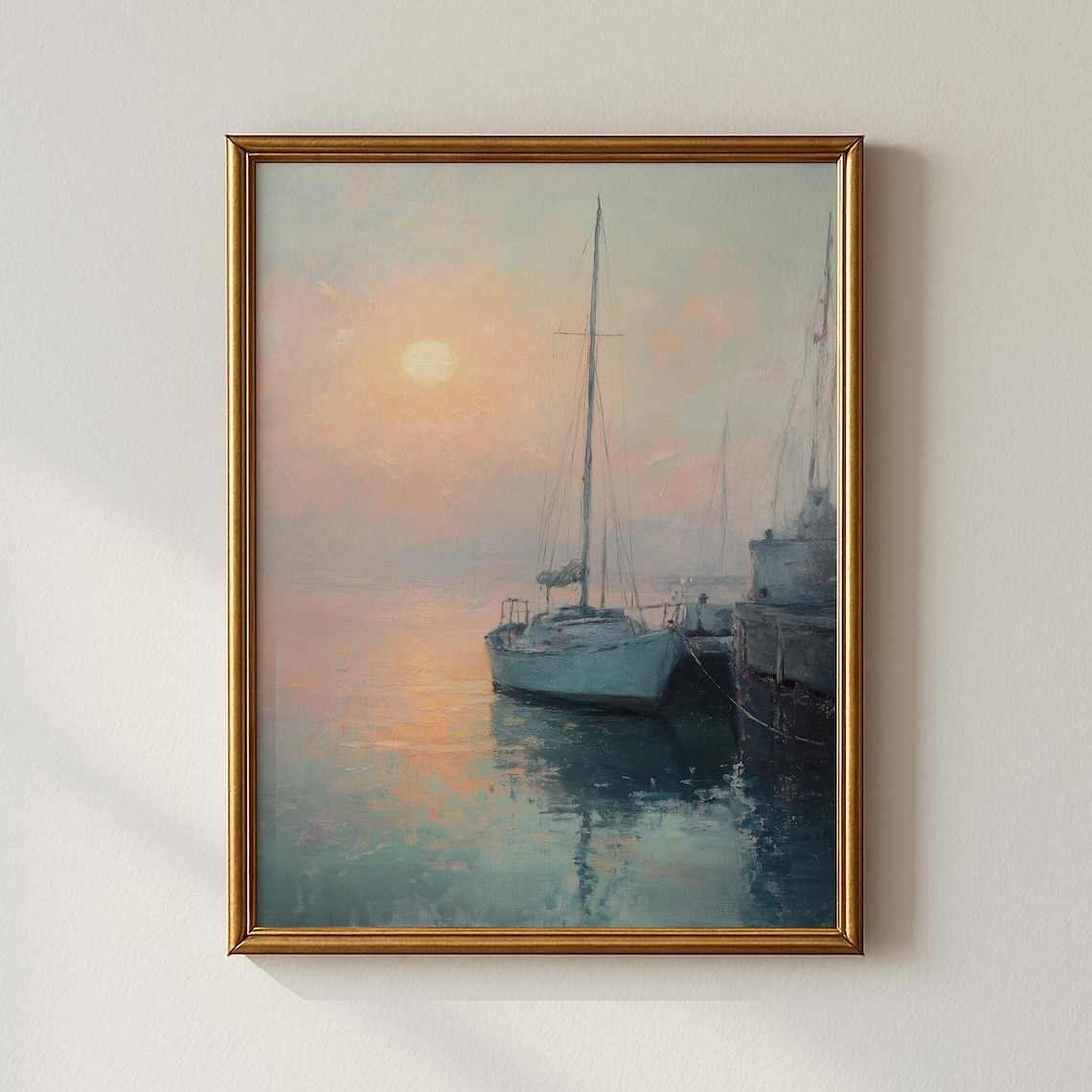 Misty Harbor Sunrise Sailboats Vintage Coastal Painting Poster