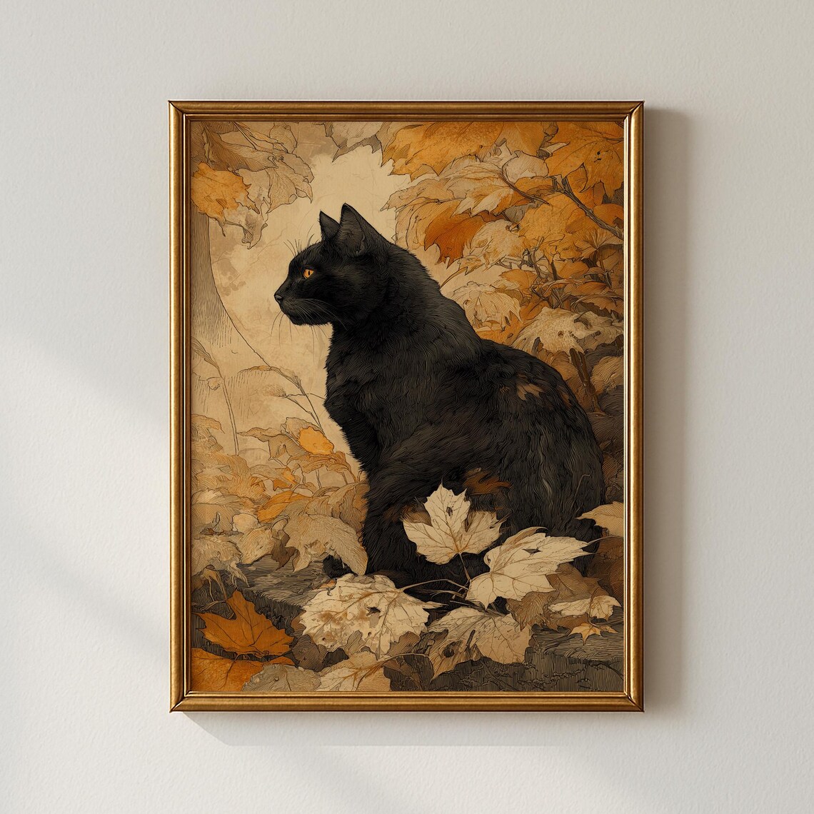 Black Cat Golden Eyes Autumn Leaves Vintage Illustration Print