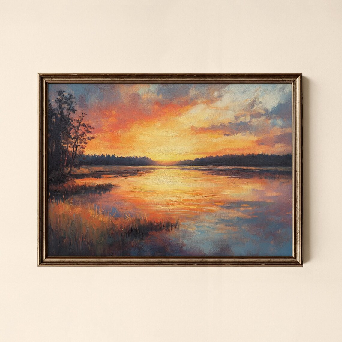 Vintage Sunset Lake Golden Sky Landscape Painting Gallery Wall Art