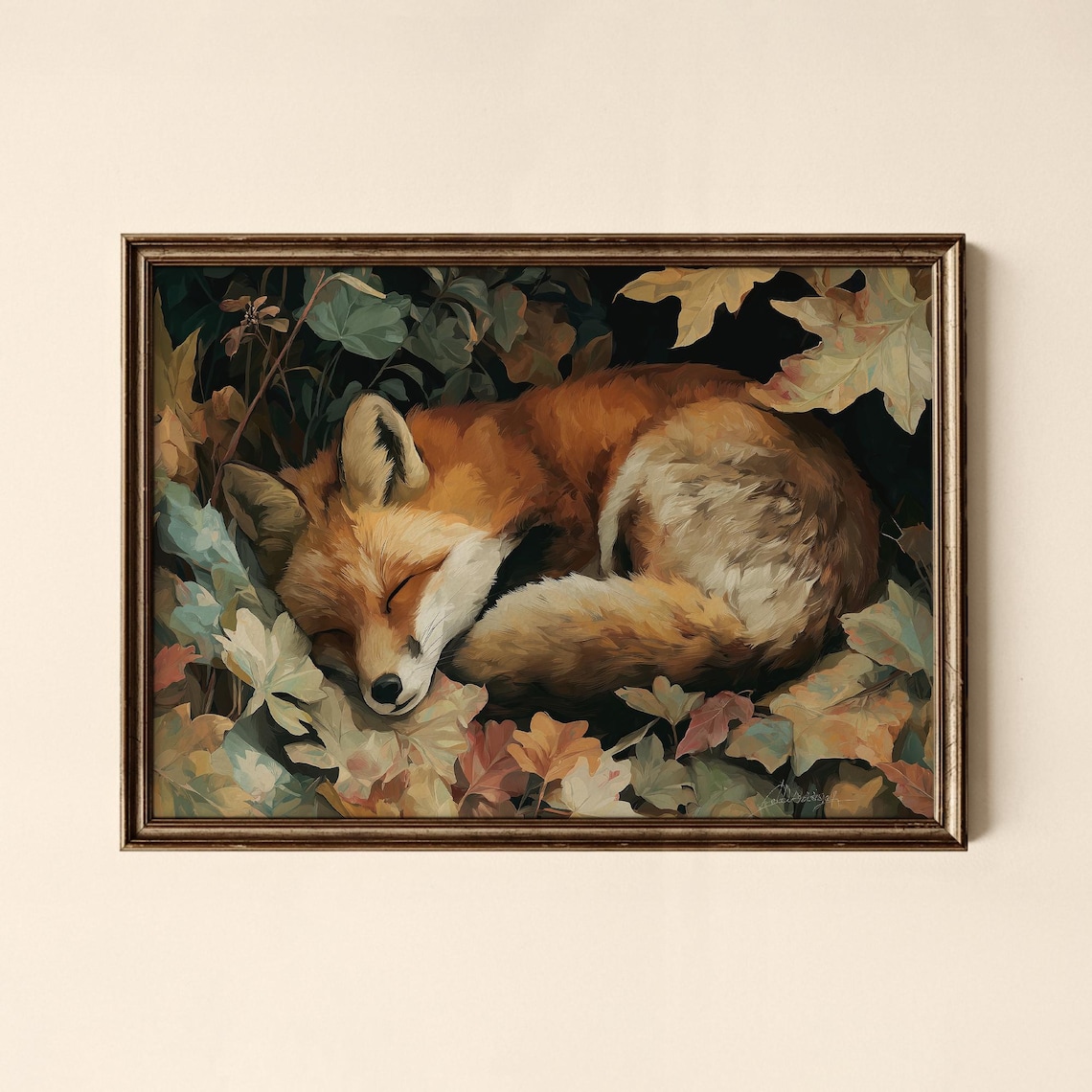Sleeping Red Fox Cozy Autumn Leaves Vintage Woodland Art Poster