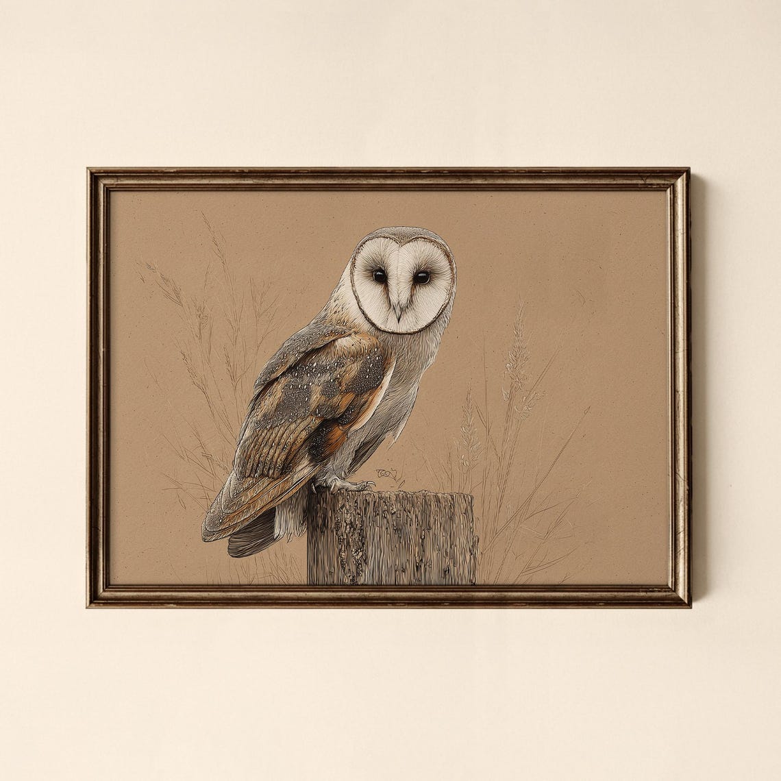 Vintage Barn Owl Perched on Stump Sepia Wildlife Sketch Poster