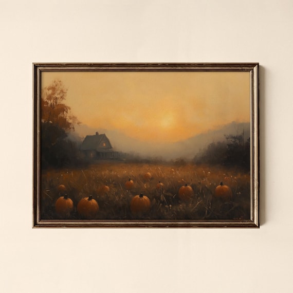 Pumpkin Patch Sunset Farmhouse Harvest Golden Hour Art Poster