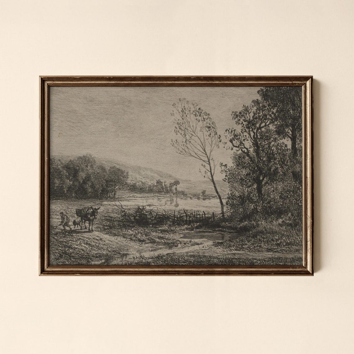 Vintage River Landscape Oxen Cart Pastoral Etching Antique Print