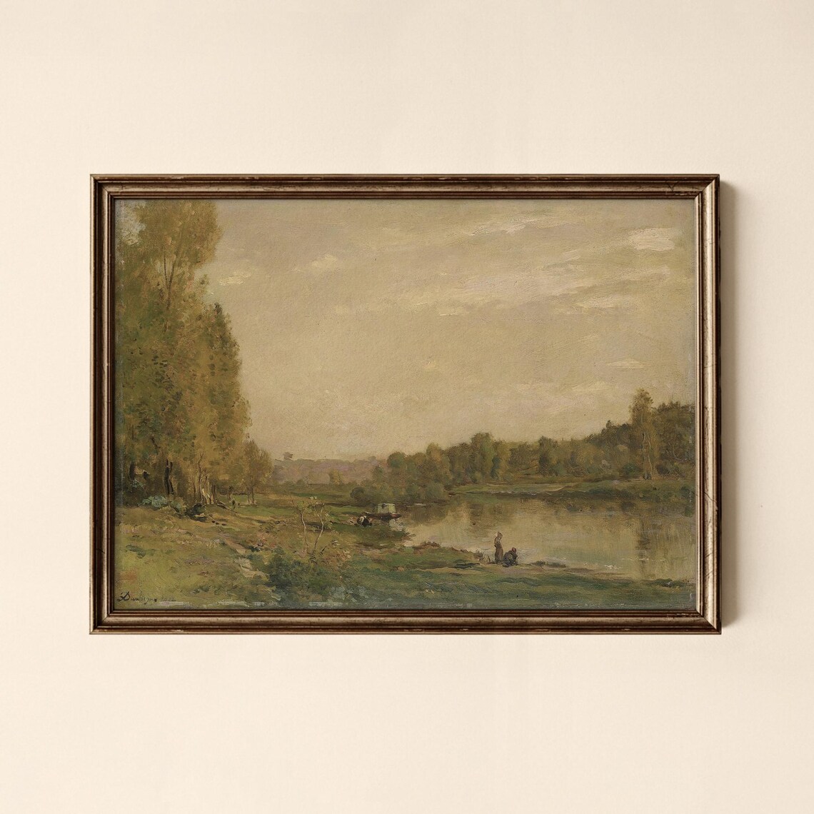 Calm Vintage Riverside Painting Figures by the Water Art Print