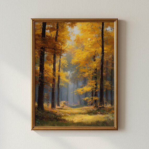 Vintage Autumn Forest Print with Golden Fall Trees and Sunlit Path
