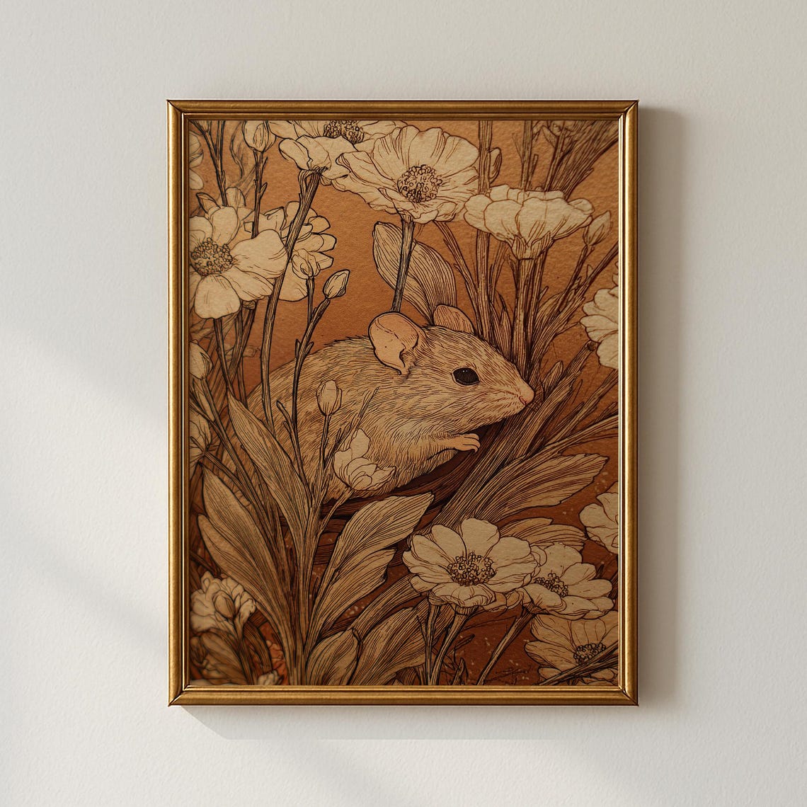 Harvest Mouse Among White Cosmos Flowers Sepia Etching Art Print