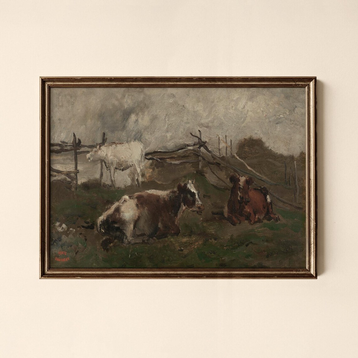 Vintage Cattle Resting in Rustic Pasture Antique Oil Painting Print