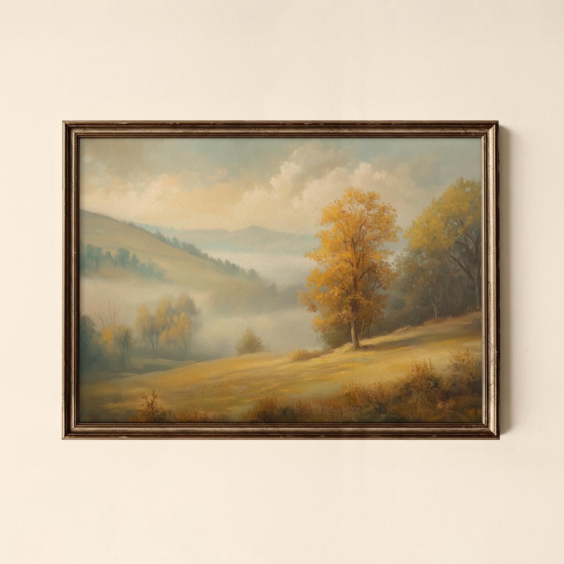 Golden Autumn Landscape Painting with Misty Hills and Maple Tree Poster