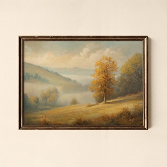 Golden Autumn Landscape Painting with Misty Hills and Maple Tree Poster