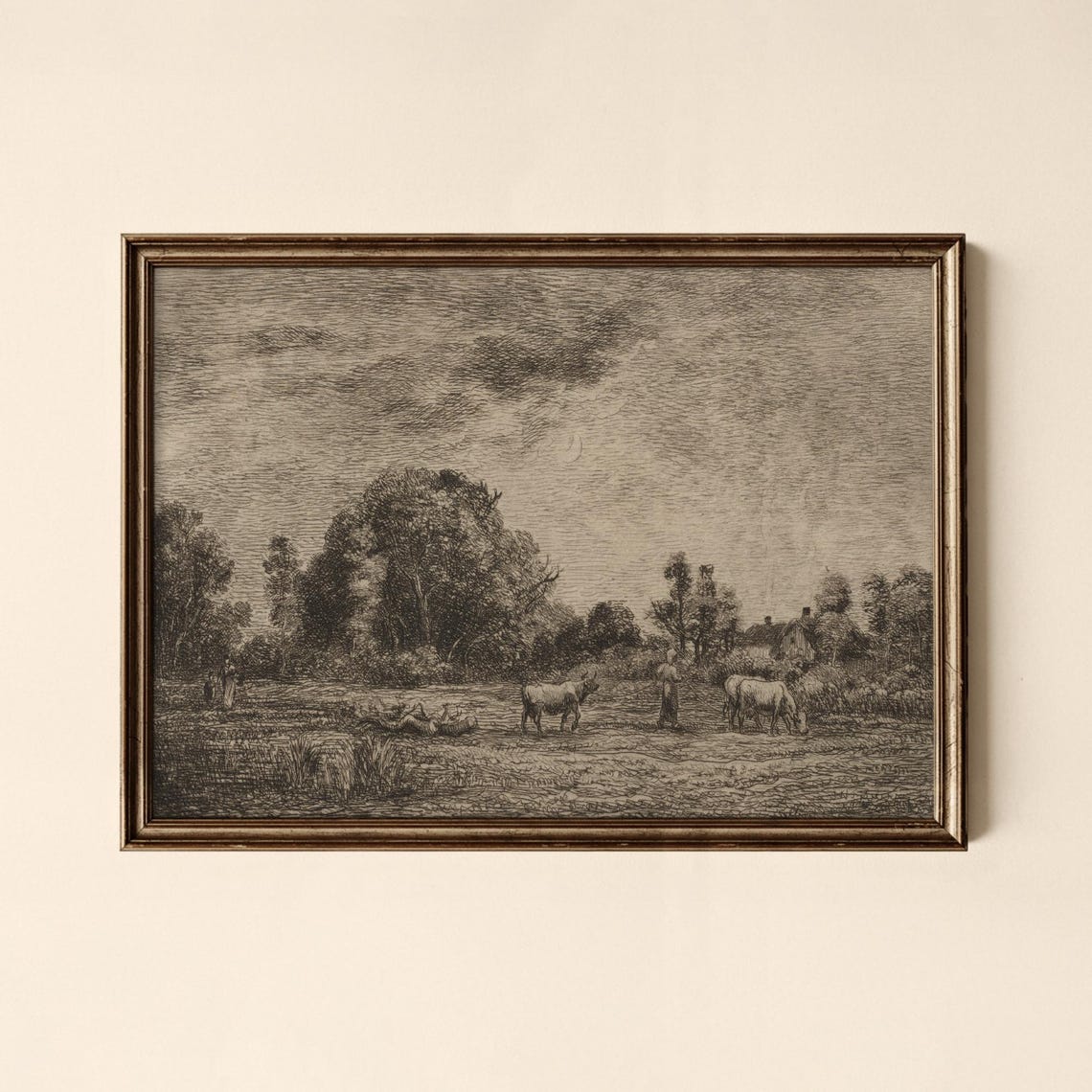 Vintage Pastoral Scene Cows Countryside Etching Antique Poster