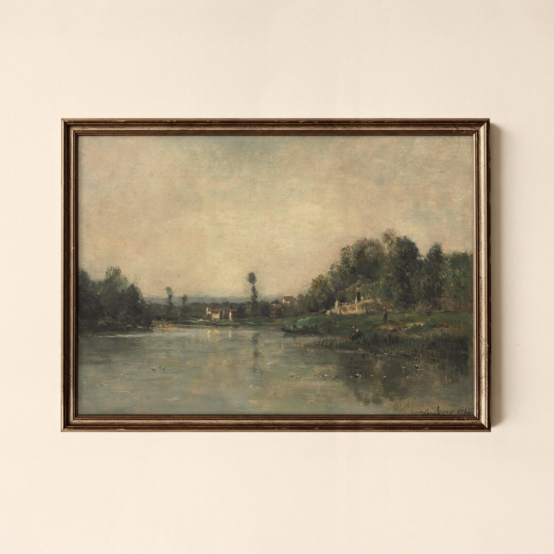 Vintage River Landscape Painting Muted Impressionist Village Scene Poster