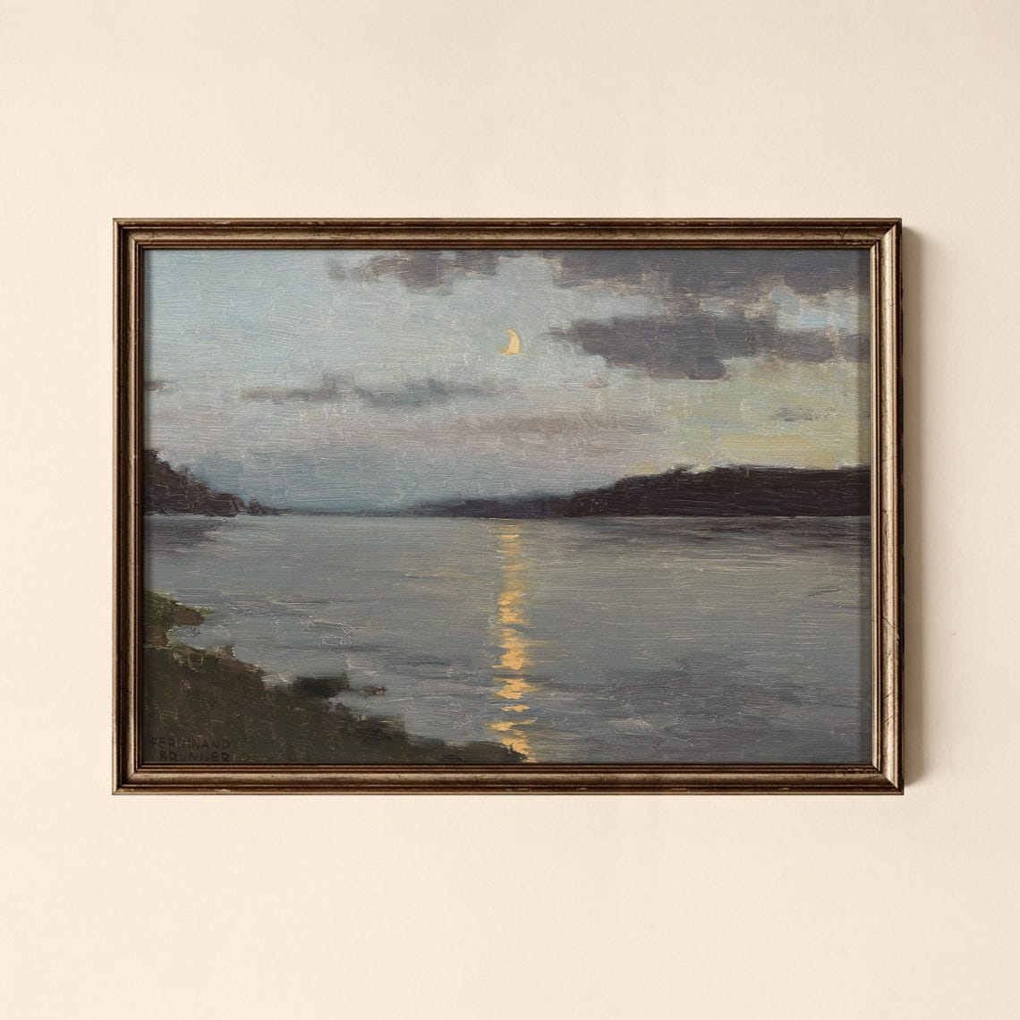 Crescent Moon Rising Over Calm River Vintage Night Scene Poster