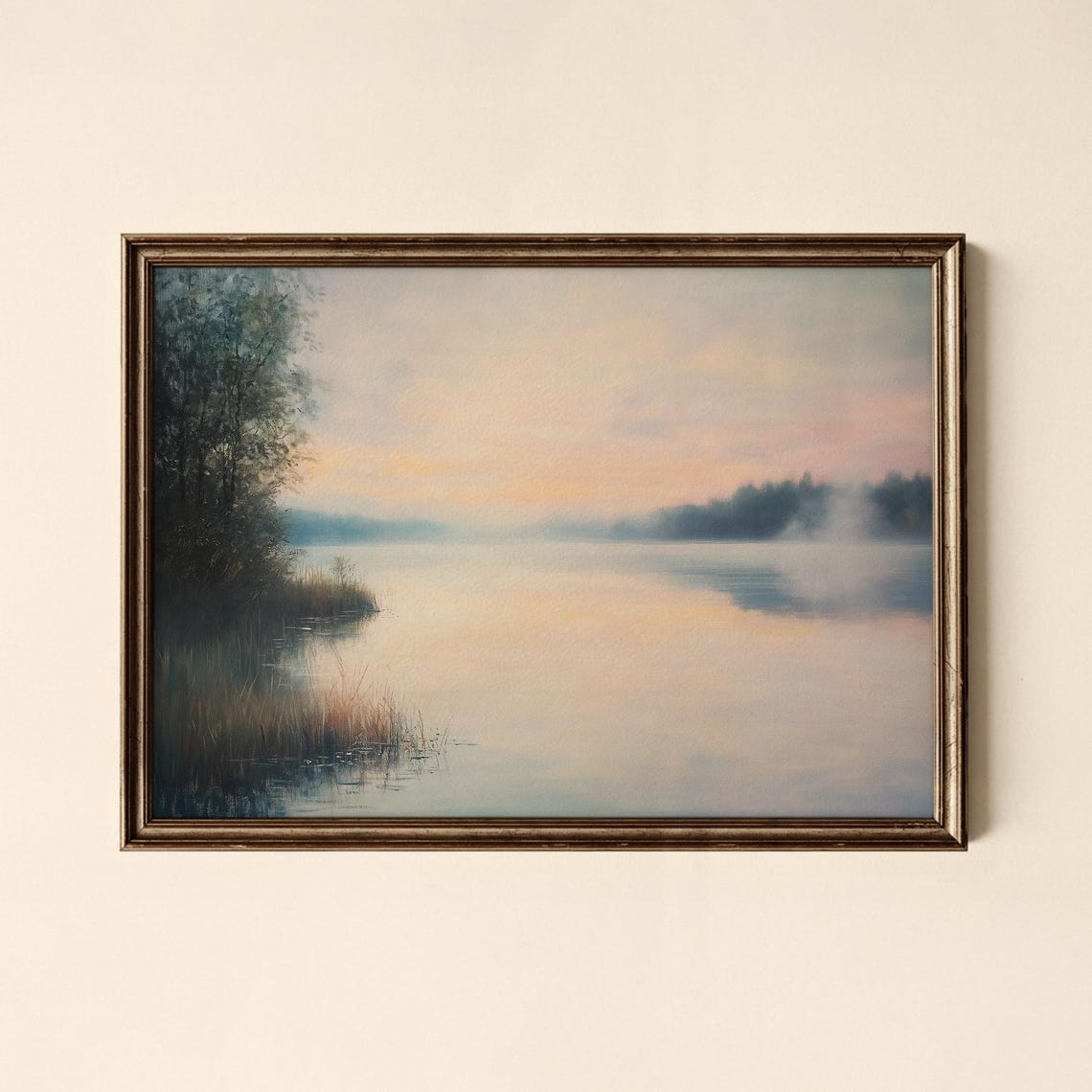 Misty Dawn Lake Reflections Soft Pastel Vintage Landscape Poster