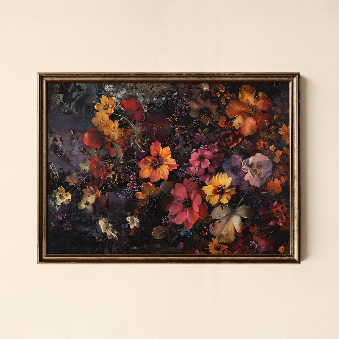 Dark Moody Floral Oil Painting Rich Autumn Flowers Vintage Wall Art