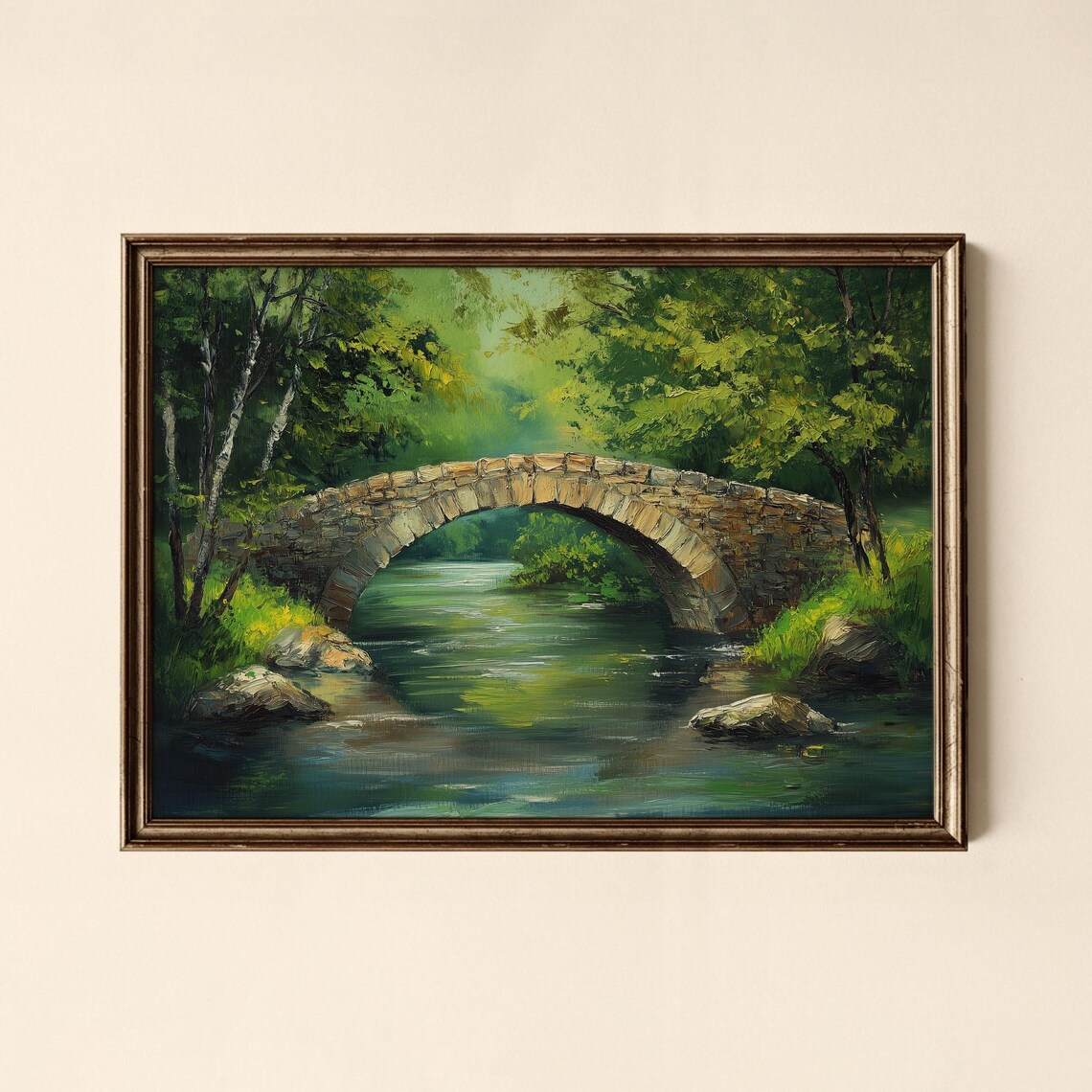 Old Stone Bridge over Forest River Green Woodland Oil Painting Poster