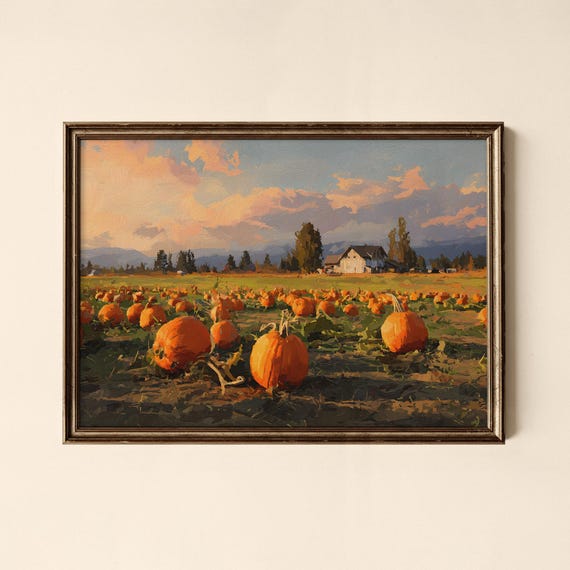 Pumpkin Patch at Sunset Rustic Farm Field Autumn Harvest Art Poster