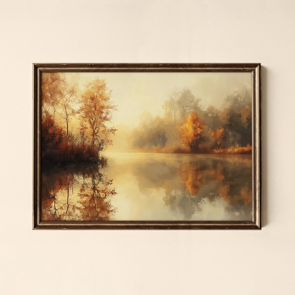 Vintage Autumn Lake Misty Morning Reflection Landscape Art Poster