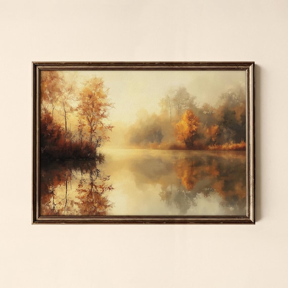 Vintage Autumn Lake Misty Morning Reflection Landscape Art Poster