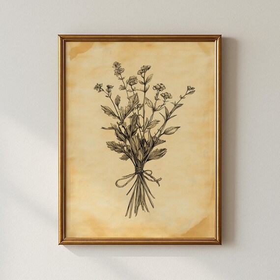 Vintage Wildflower Bouquet Botanical Sketch Antique Floral Line Art Print
