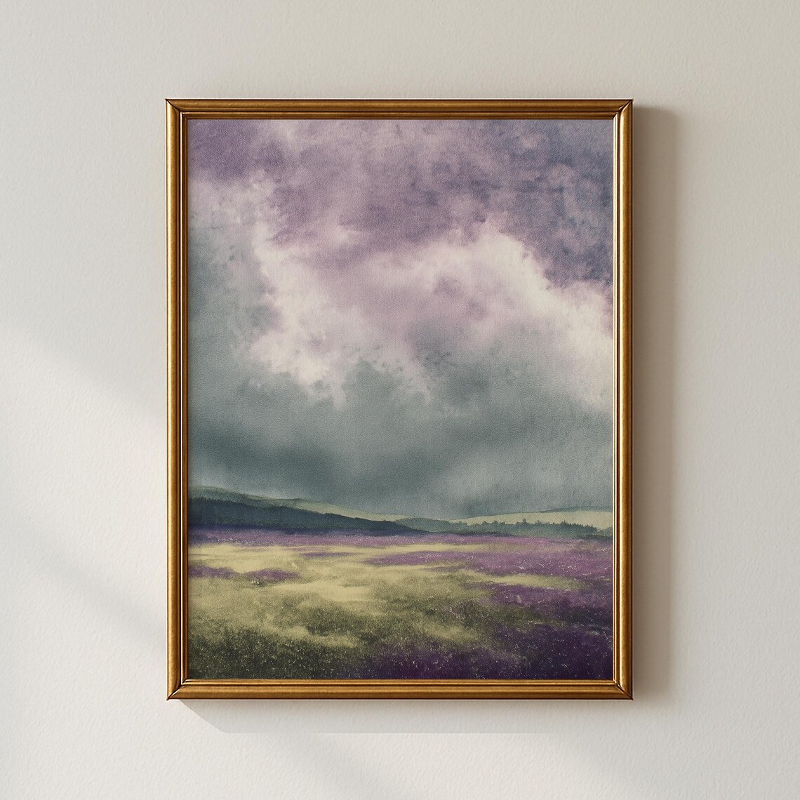 Stormy Purple Sky Over Meadow Moody Landscape Painting Print