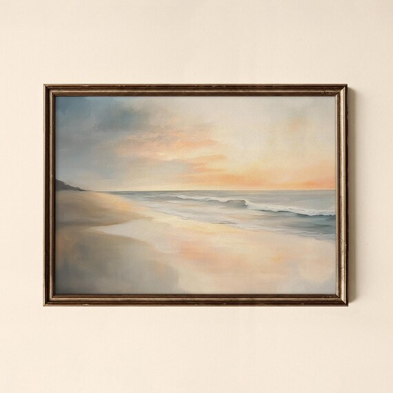 Soft Pastel Beach Sunset Waves Serene Coastal Landscape Poster