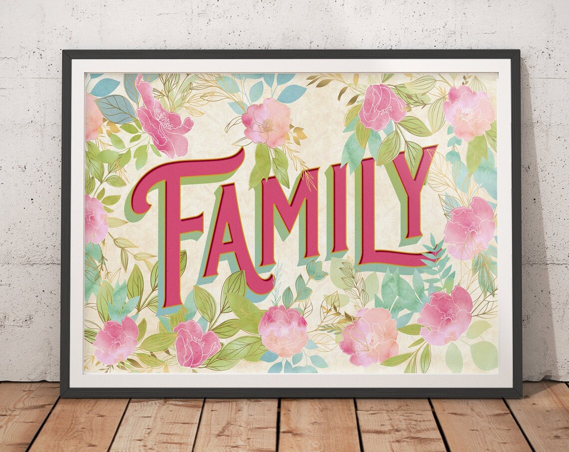 Family Pink Lettering Over Pastel Floral Wreath Quote Art Poster