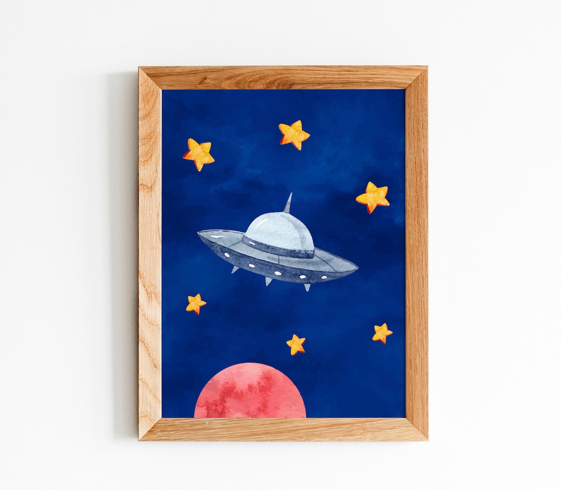 Astronaut on Rocket Navy Blue Watercolor Space Nursery Poster - Image 5