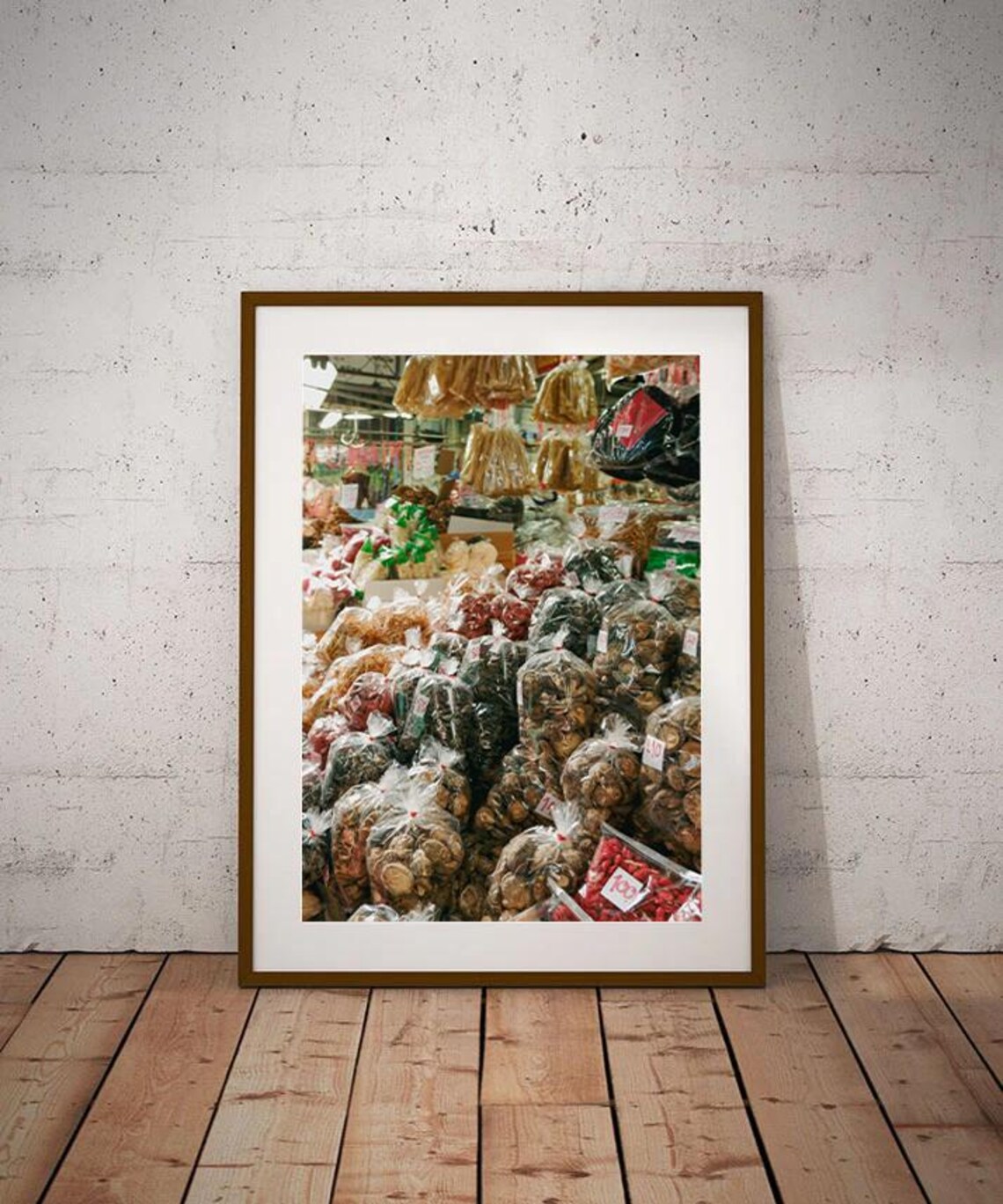 Asian Market Stall with Bags of Dried Goods Photography Poster
