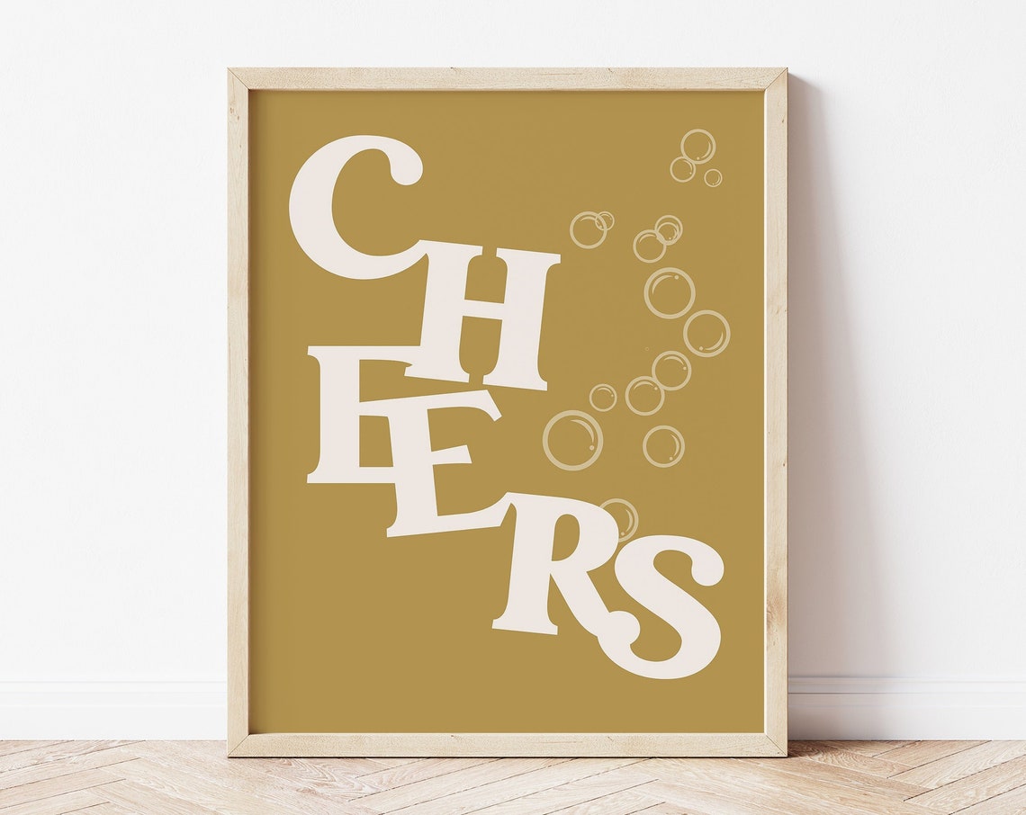 Cheers Retro Typography Print Mustard Gold Bar Cart Party Wall Art