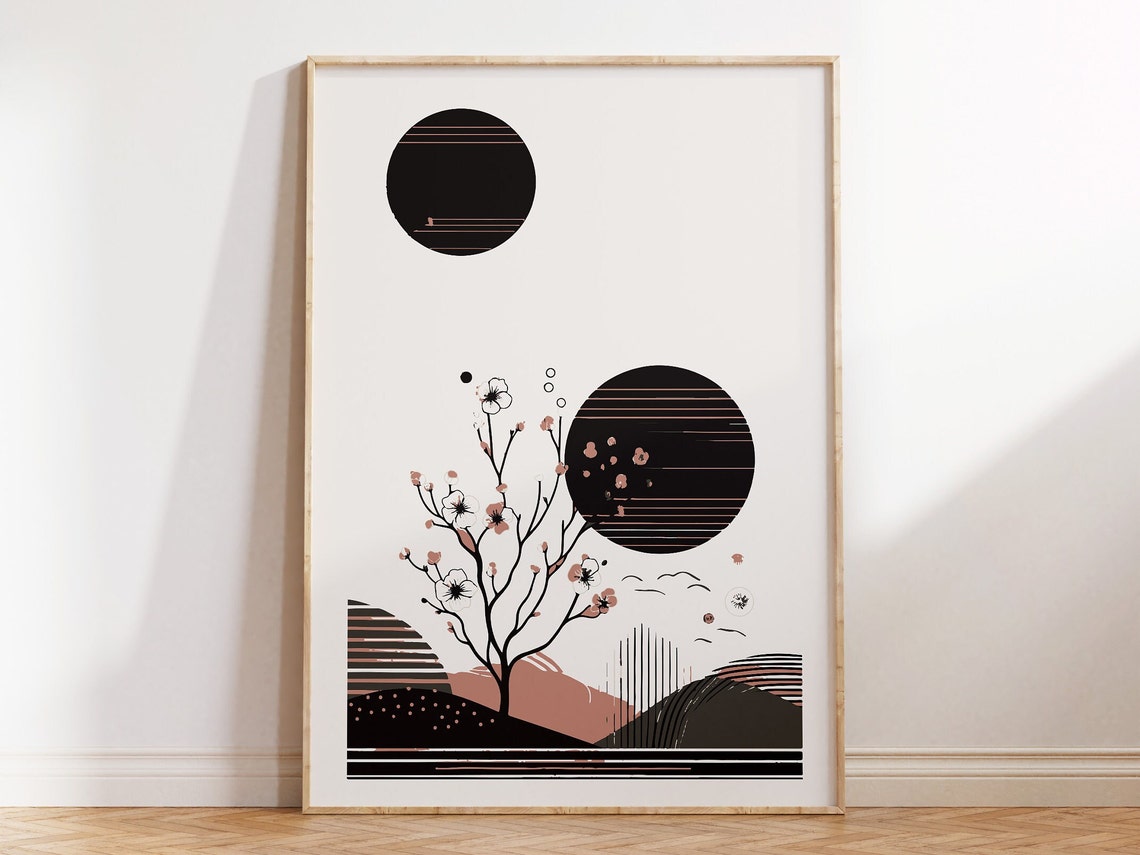 Double Black Sun Cherry Blossom Abstract Graphic Landscape Poster