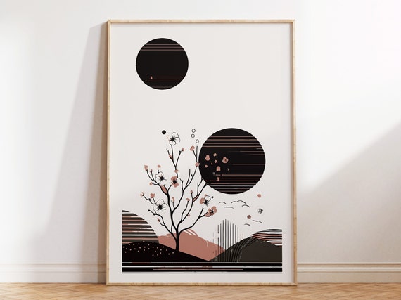 Graphic Cherry Tree Print In Minimalist Style For Modern Japandi Home Wall Art Poster With Abstract Landscape And Blossomed Tree