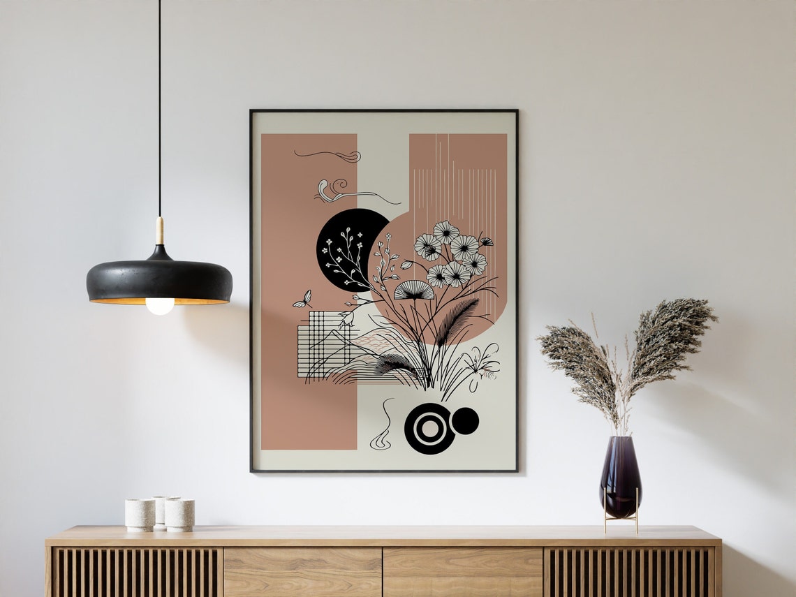 Japandi Botanical Abstract Poster with Floral Line Art in Rose Tones - Image 2