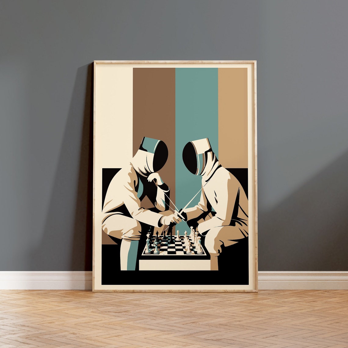Fencer Chess Players Quirky Vintage Style Illustrated Art Poster