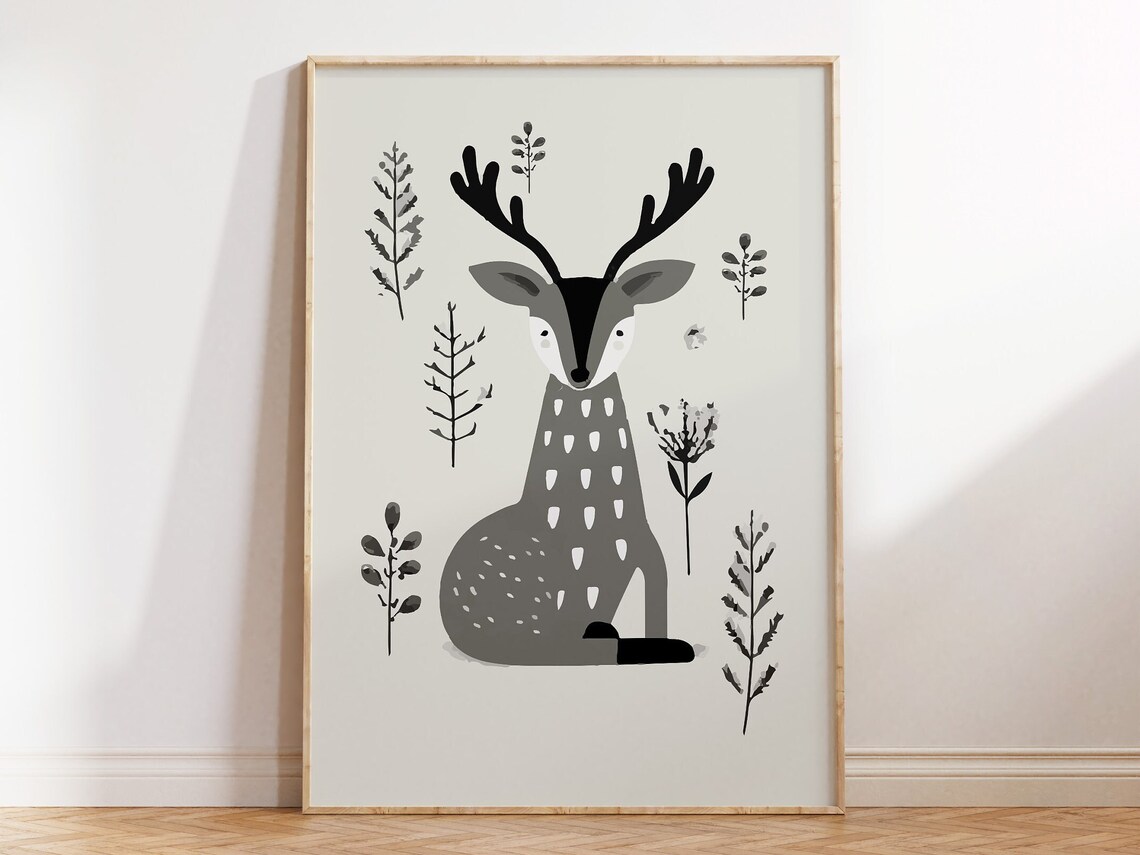 Cute Gray Deer Nursery Art Sitting Woodland Fawn Kids Room Poster